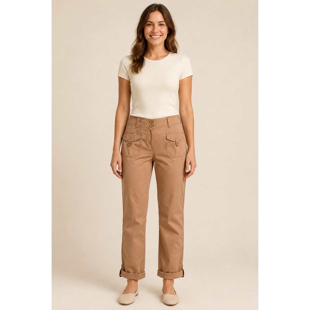 New York & Company Women's Size 8 Tan Cotton Cargo Capri Pants Roll Tab